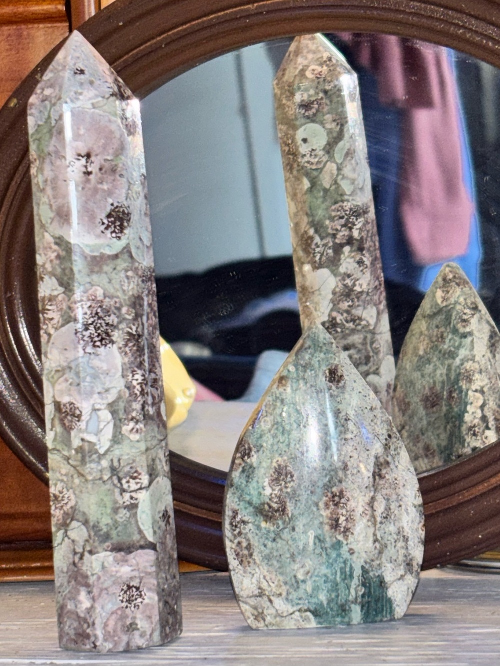 Polished Green and green flower Jasper Crystal Towers Set